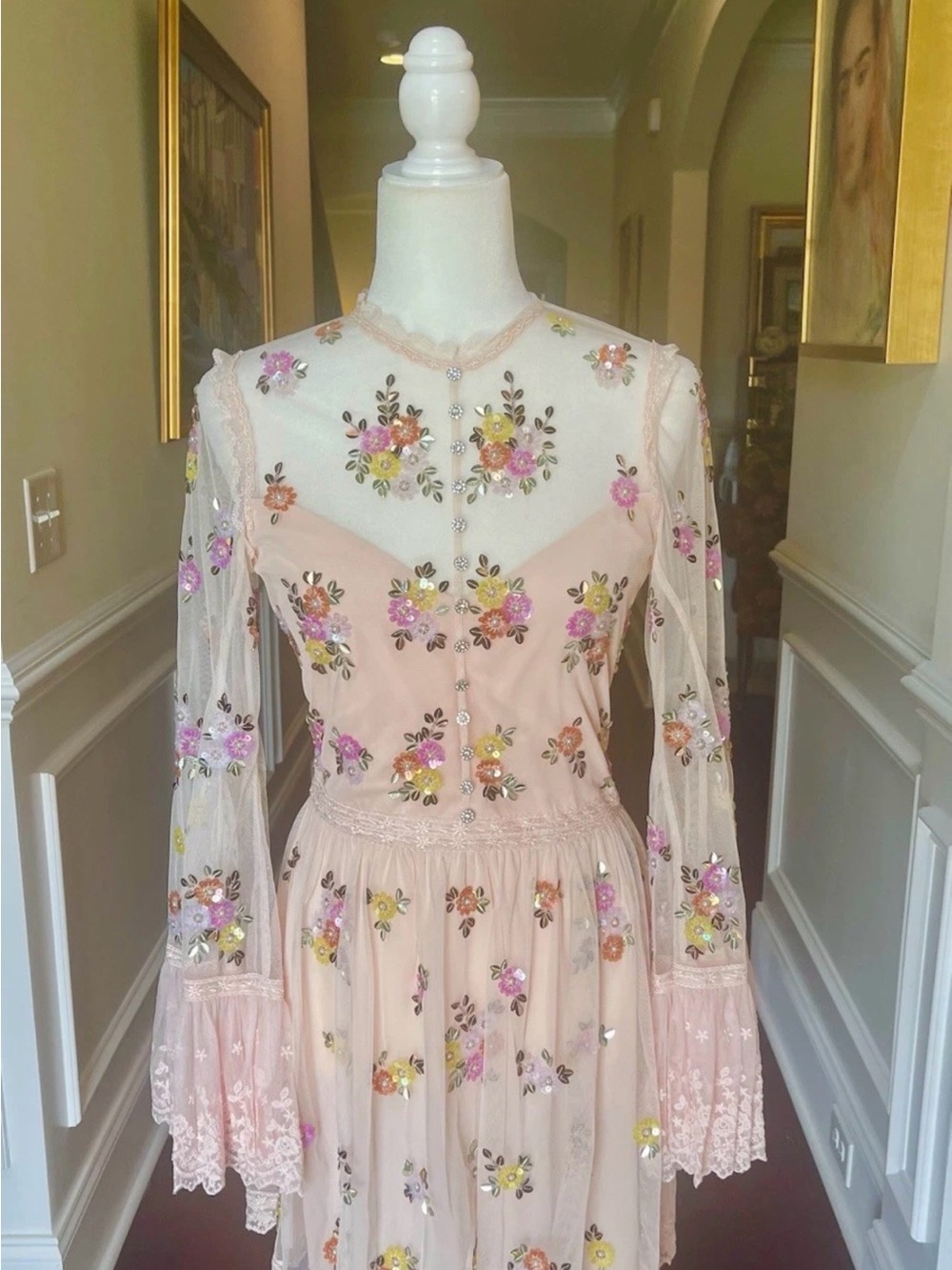 Alice + Olivia Allegra Embellished Lace Mini Gown Pale Pink NWT US 10 - Picture 16 of 16